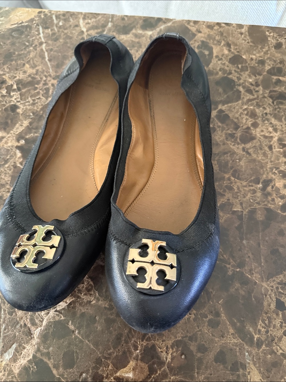 Tory Burch Black Leather Ballet Flats with Gold Logo Medallion